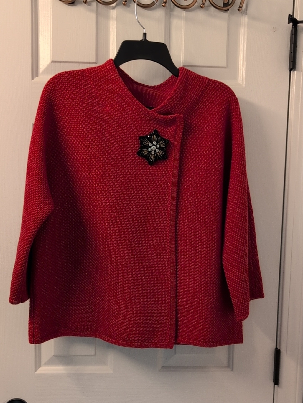 Red Textured Knit Women's Sweater with Decorative Brooch ( Bit Of Sparkle)